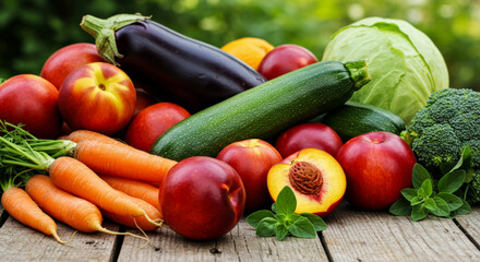 A vibrant display of fresh fruits and vegetables covers a rustic wooden table at a bustling farmers market, showcasing color, texture, and abundance while celebrating organic produce and sustainable a