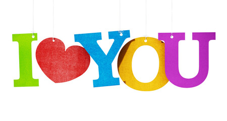 Paper multi-colored letters forming I love you text on transparent background. 3D illustration