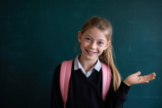 A girl in a black school uniform and a pink backpack stands in front of a green chalkboard, shows her hand with an open palm and laughs happily