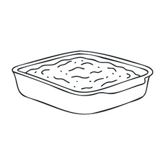 Black and white outline of a lasagna dish in a baking tray. Vector illustration