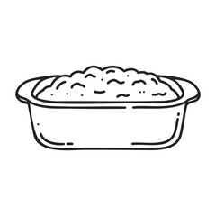 Black and white line drawing of freshly baked lasagna in baking dish. Vector illustration
