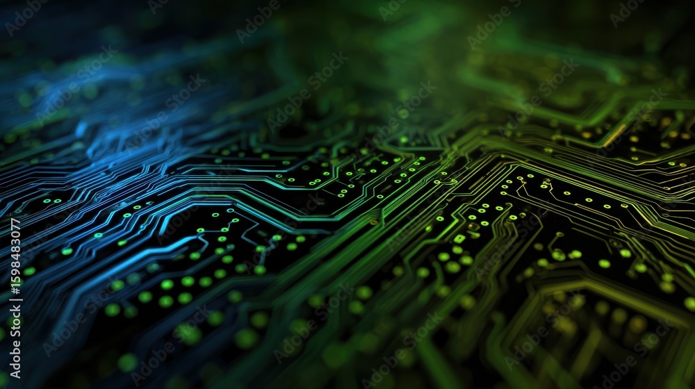 Poster abstract technology background featuring intricate circuit patterns and a blend of green and blue hu