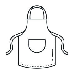Black and white line drawing of a kitchen apron with pocket and straps. Vector illustration