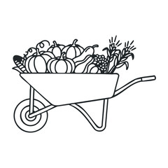 Harvest wheelbarrow filled with pumpkins, apples, corn, and fresh vegetables for fall. Vector illustration