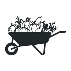 Wheelbarrow filled with pumpkins and vegetables silhouette design. Vector illustration