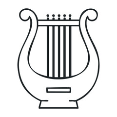 Classical greek lyre instrument sketch with strings in minimalist black outline design. Vector illustration