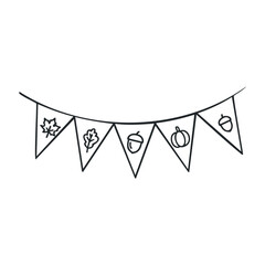 Autumn themed bunting decoration with leaves, acorns, and pumpkin on triangular flags. Vector illustration