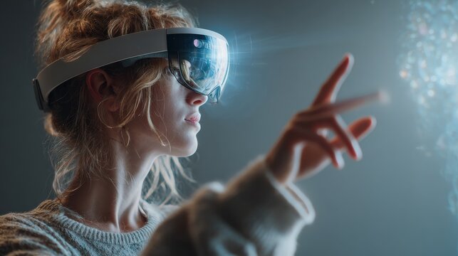 young woman typing on a virtual screen., augmented reality