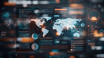 Futuristic digital display depicts a world map surrounded by data visualizations, charts, and textual information in neon blue and orange tones - Powered by Adobe