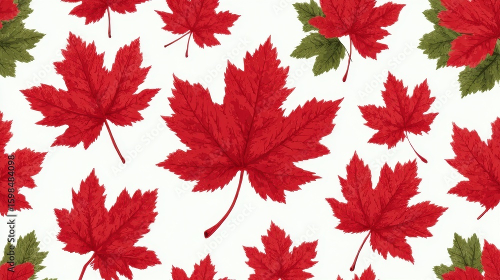 Poster bright red and green maple leaves are displayed in an engaging pattern against a light-colored backg