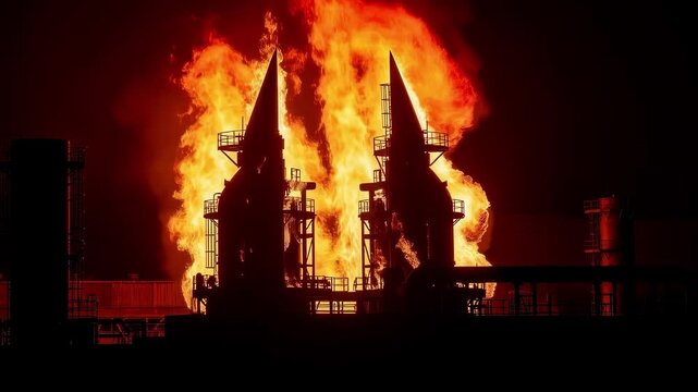 Blazing red and yellow flames forming sharp silhouetted industrial motif energized visual impact.