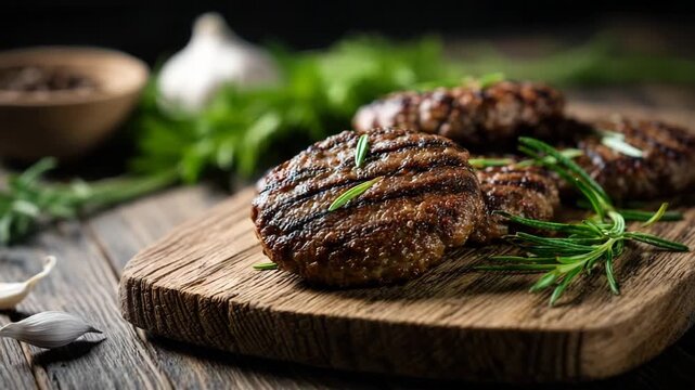Grilled meat patties on wooden cutting board with fresh herbs and garlic in rustic kitchen setting