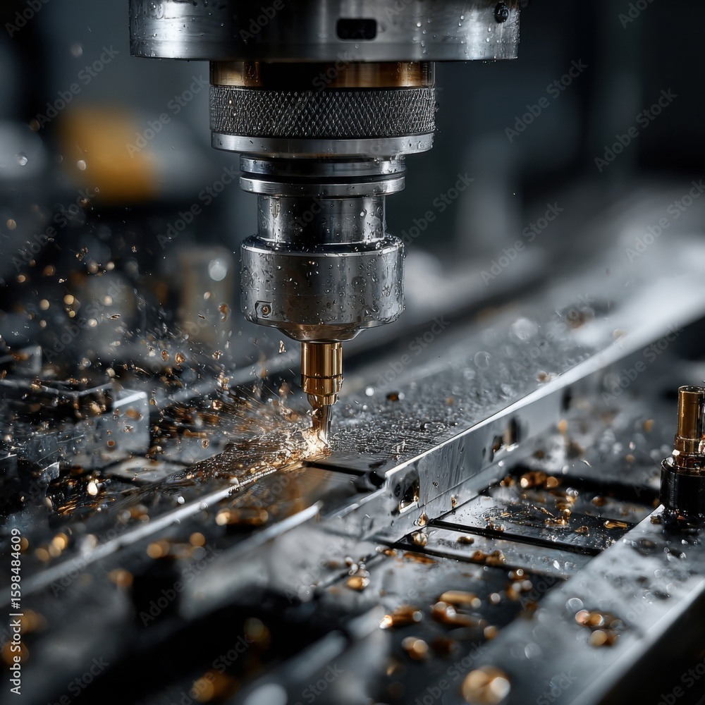 Poster a high-speed milling machine operates in a dark workshop, creating sparks and metal shavings as it c