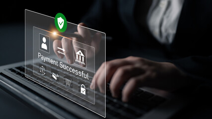 Successful transaction message showing secure payment. Payment confirmed, secured, payment...
