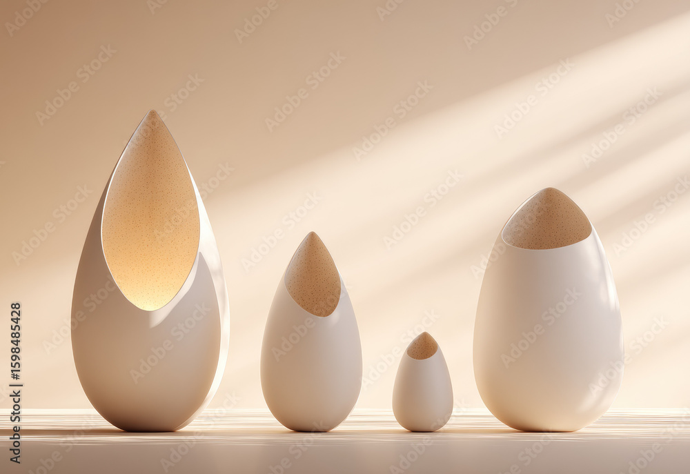 Poster minimalist ceramic objects in egg like forms with smooth matte surface, neutral beige and white colo