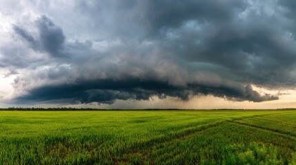 Fototapeta premium Dark storm clouds loom ominously over vibrant green fields just before sunset, creating a striking contrast against the darkening sky, signaling an impending storm.
