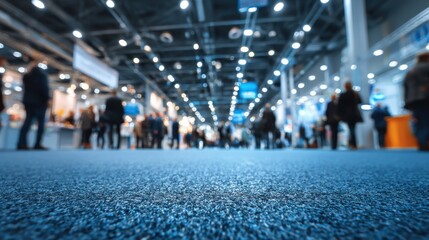 In a busy trade show venue, people are seen mingling and walking across a carpeted floor, surrounded by colorful displays and bright lights overhead.