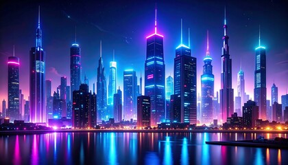 Fototapeta premium Neon-lit futuristic city skyline reflected in water