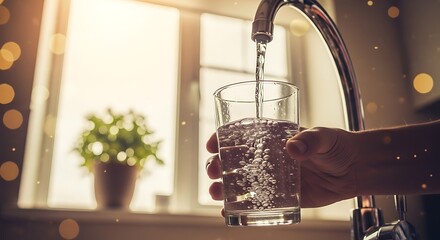Hand Pouring Clean Drinking Water into Glass from Kitchen Tap with Bokeh Effect