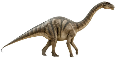 Isolated dinosaur standing, with a long neck, a tail, four legs and a beige colored hide with pattern.