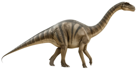 Isolated dinosaur standing, with a long neck, a tail, four legs and a beige colored hide with pattern.