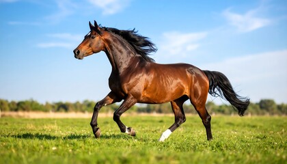 Brown horse running in a field