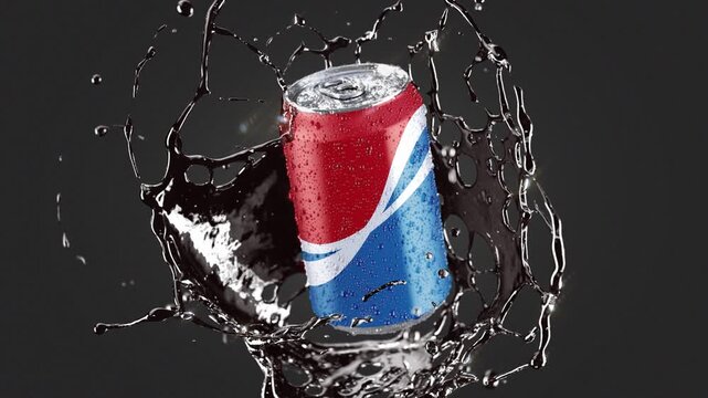 330ml soda can falling splash slow motion, depth of field