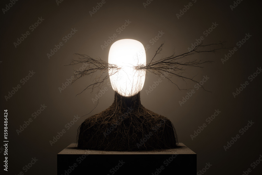 Aufkleber glowing head sculpture with intricate milliliter roots crossing like threads over face, creating sur