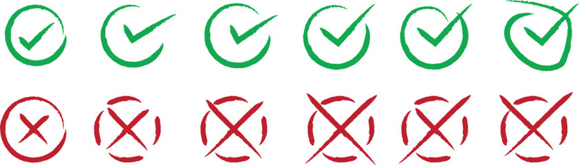 Brush stroke check and cross icons in green and red circles for approval and rejection. Editable vector elements for UI, infographics, marketing. High-resolution symbols for digital and print. © Sk