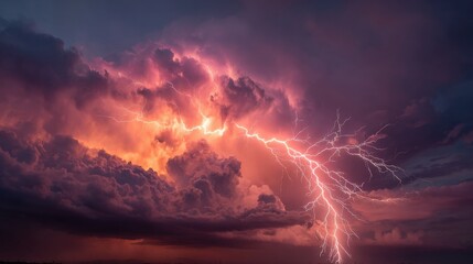 Obraz premium Flashes of lightning dance across vibrant clouds during a stormy evening. The colorful sky creates a dramatic backdrop for nature's powerful display of energy.