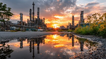 Naklejka premium A stunning sunset illuminates the sky with vibrant colors as it reflects in a puddle on the ground. Tall structures of an oil refinery and yellow flowers create a striking contrast.