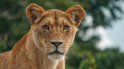 Obraz premium Close-up portrait of powerful male lion with intense gaze in natural habitat