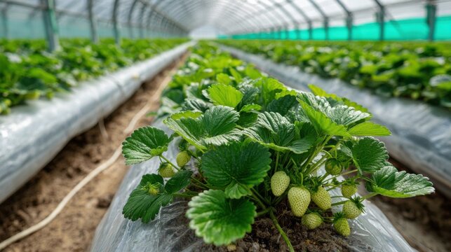 Rows of vibrant strawberry plants thrive in a greenhouse, showing unripe strawberries nestled among lush green leaves. This farming activity is typical in spring. - Powered by Adobe