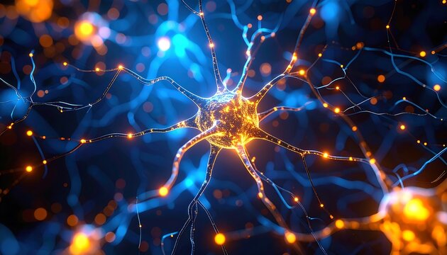 Nerve cell, glowing, intricate network