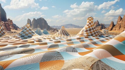 The stillness of the desert broken by an array of vibrant geometric patterns.