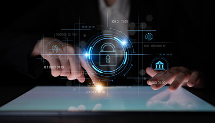 Cybersecurity system interface with biometric lock and data protection. Cybersecurity protects...