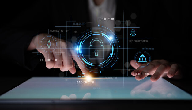Cybersecurity system interface with biometric lock and data protection. Cybersecurity protects access, identity, cyber security prevents threats, and cyber security supports digital systems. Latch