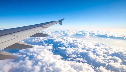 Fototapeta premium Airplane wing above clouds.View from airplane window a blue sky and clouds.