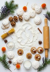 Baking ingredients and sweets arranged artfully with natural elements