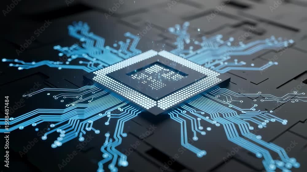 Poster innovative microprocessor closeup with illuminated connections on technological platform.