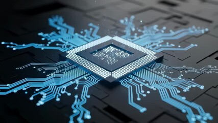 Innovative microprocessor closeup with illuminated connections on technological platform. - Powered by Adobe