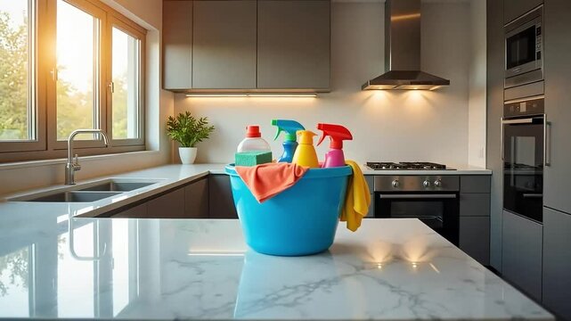 Blue bucket filled with cleaning supplies on a white marble countertop in a modern kitchen