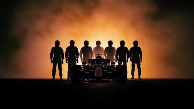Racing team silhouettes with a Formula One car against a dramatic smoky orange background