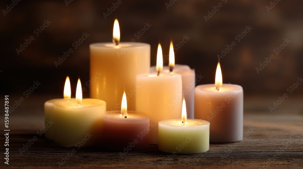 Poster soft flames flicker atop a collection of colorful candles of various shapes and sizes, creating a wa