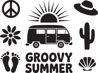 Groovy summer icons set, retro van, peace, sun, and beach elements