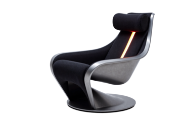 futuristic gaming or office chair with a sleek black and silver design, an ergonomic shape, and glowing orange LED lighting details. This modern gamer's seat is isolated on a transparent background