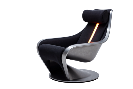 futuristic gaming or office chair with a sleek black and silver design, an ergonomic shape, and glowing orange LED lighting details. This modern gamer's seat is isolated on a transparent background