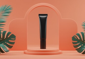 Sleek black cosmetic tube displayed on a peach pedestal with tropical foliage