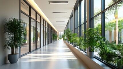 Modern office corridor with large windows and lush green plants bathed in sunlight
