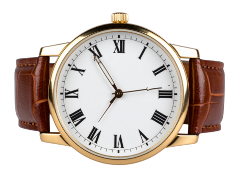 Classic Golden Hand Watch with Roman Numerals, isolated on a transparent background.